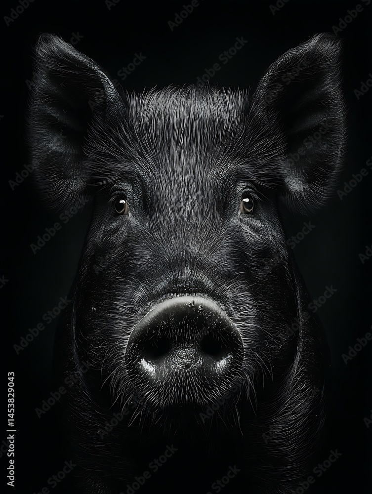 The image shows the front of a animal with bristly hair. It has ears and a nose. The image shows the front of a animal with bristly hair. It has ears and a nose.