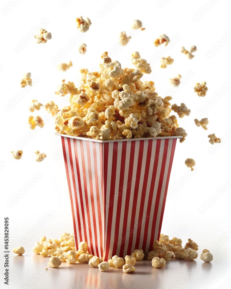 popcorn flying out of a box close up on a white background popcorn flying out of a box close up on a white background