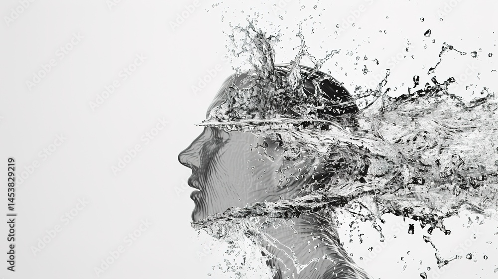 Obraz premium Fresh and dynamic water splash in isolation on a clean white background created by generative AI. The splash showcases the beauty and energy of water, with droplets flying in different directions. 