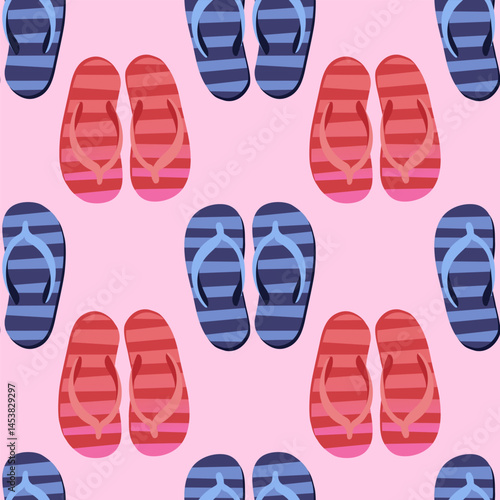 Seamless pattern with blue and coral pink striped flip flops on pastel pink background. Summer beach footwear vector texture for fabric, wrapping paper, textile, and vacation-themed design.