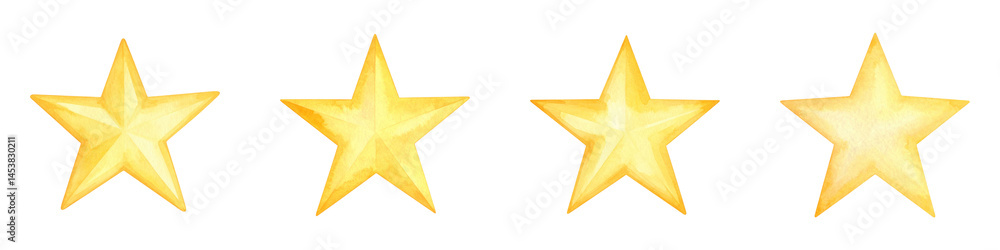 Obraz premium Four gold stars arranged in a horizontal row, each with a shiny, metallic appearance.
