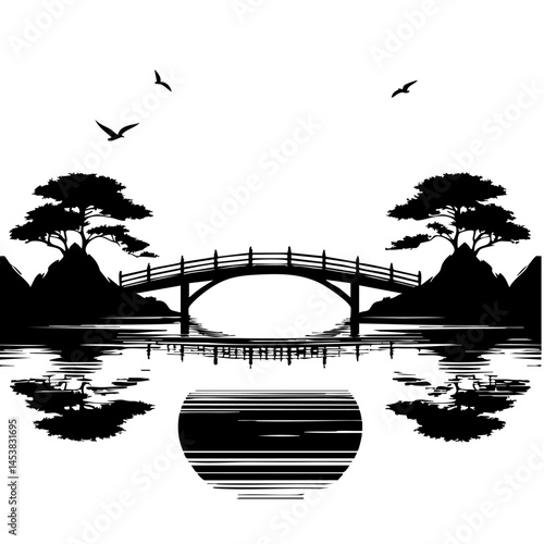 Serene Landscape: Bridge, Water Reflection, Minimalist Zen Art
