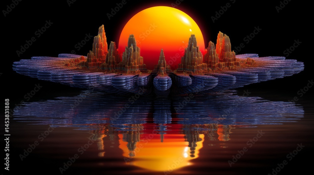Obraz premium Surreal Landscape with Orange Sun and Reflection