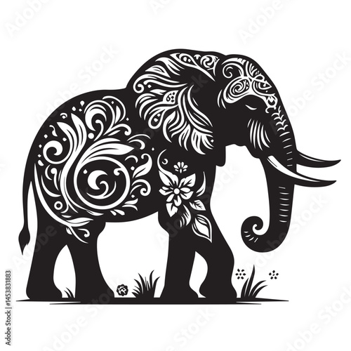 elephant silhouette vector illustration, Elephant logo silhouette, Silhouette of animals in the savannah. African landscape scene. Vector horizontal seamless tropical background with elephants.