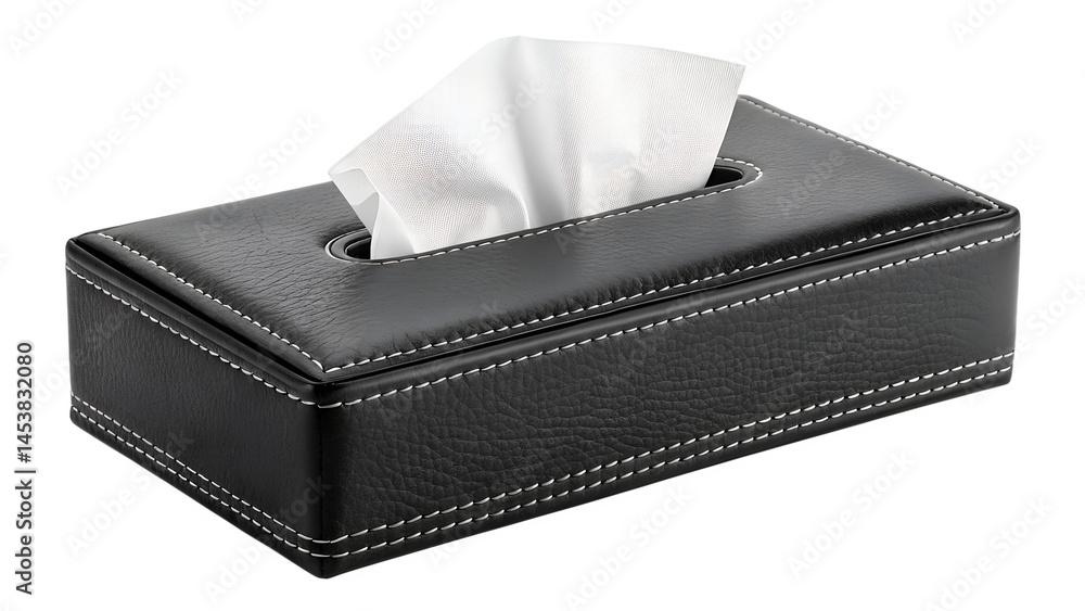 Fototapeta premium Black leather tissue box cover rectangular shape with white tissues coming out