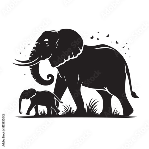 elephant silhouette vector illustration, Elephant logo silhouette, Silhouette of animals in the savannah. African landscape scene. Vector horizontal seamless tropical background with elephants.