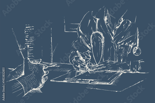 Sketch of a doctor consulting with a patient, taking notes