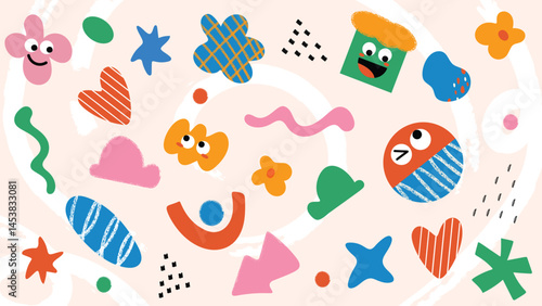 Kids and children background vector. Fun Childish hand drawn doodle design. Playful cartoon design for packaging design, wallpaper and print.