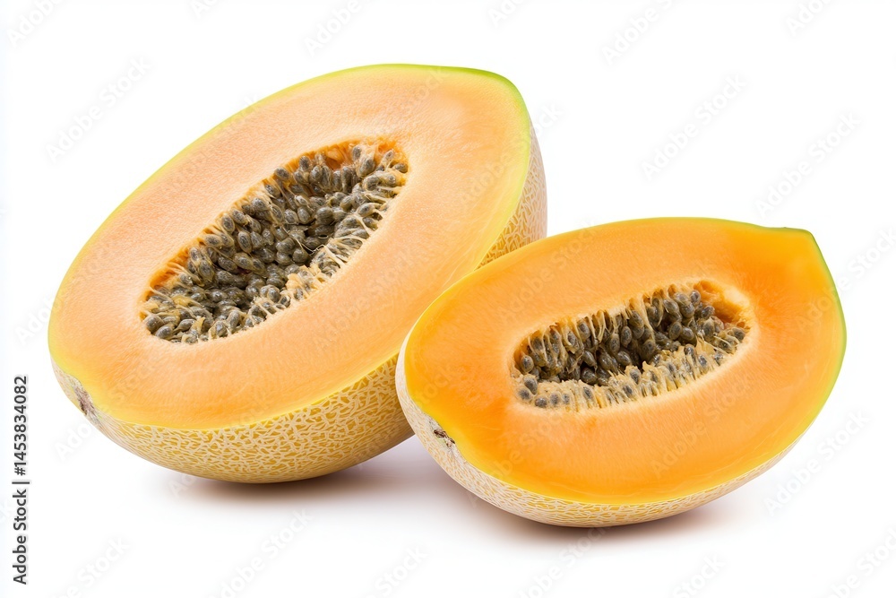 Freshly cut cantaloupe halves showcasing vibrant orange flesh and textured seeds Freshly cut cantaloupe halves showcasing vibrant orange flesh and textured seeds