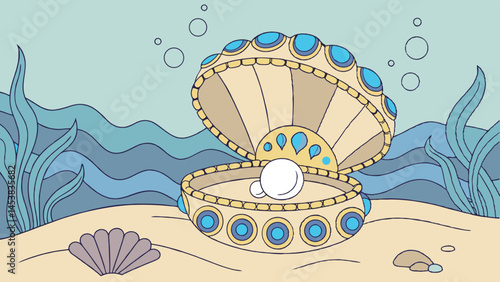 Colorful underwater scene with pearl in ornate seashell-shaped treasure chest, open to reveal surrounded by seaweed
