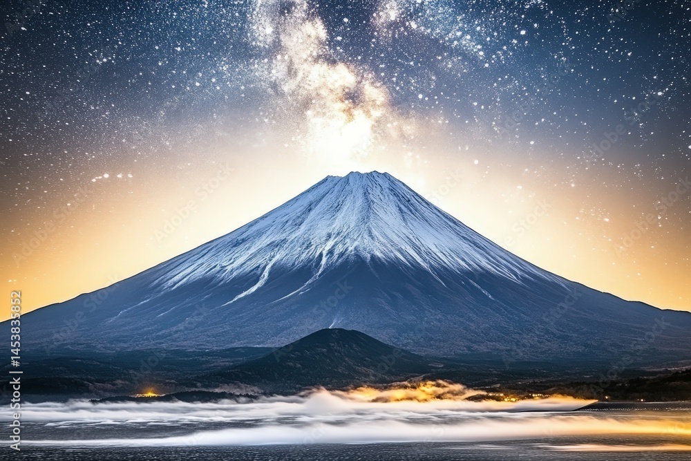 Fototapeta premium Snow-capped mountain under a starry sky, 4K hyperrealistic photo. Beautiful simple AI generated image
