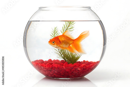 Beautiful Goldfish in a Clear Glass Bowl with Red Gravel and Green Plant