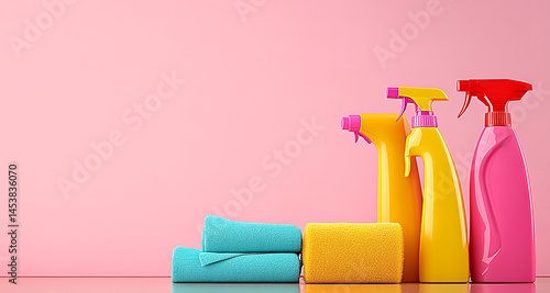 Cleaning liquids bottles, detergents and sprays. Background mock with copy space