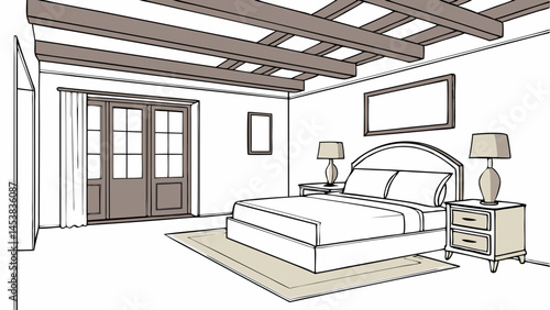 White bedroom featuring wooden beams on ceiling, elegant lamps, and cozy atmosphere