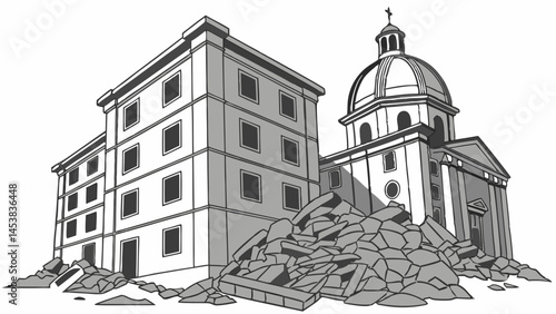 Destruction of buildings with rubble and debris, somber atmosphere of loss and decay,