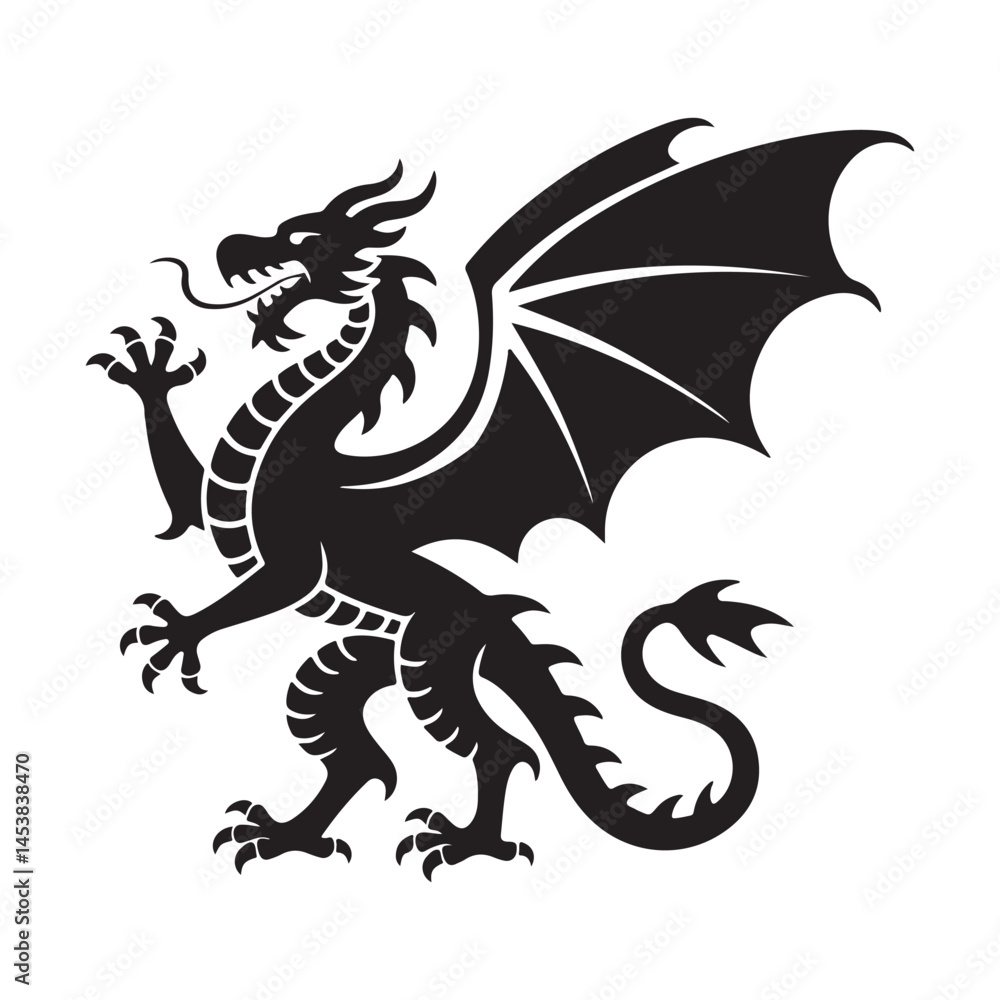 Obraz premium Black Silhouette of a Winged Dragon