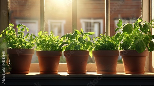 Fresh Herb Plants in Clay Pots on Sunlit Windowsill with Soft Glow