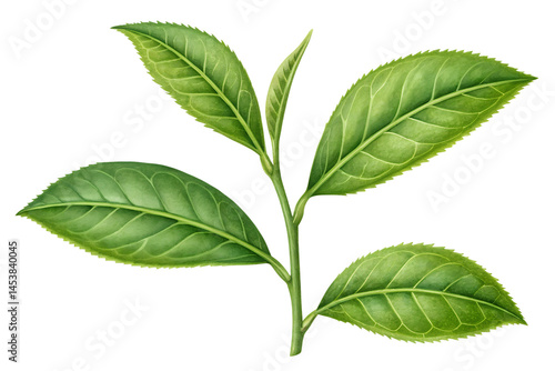 Watercolor illustration of green tea leaves on a black background botanical design