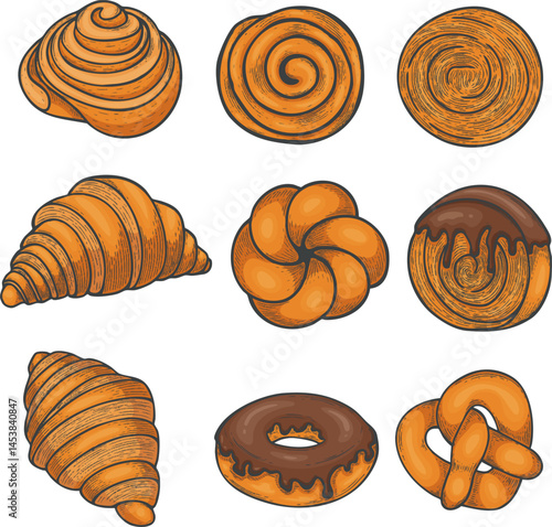 Hand-drawn set of delicious bakery pastries. Collection includes croissants, donuts, pretzels, swirls, and sweet buns with chocolate glaze. Isolated colorful illustrations with vintage sketch style