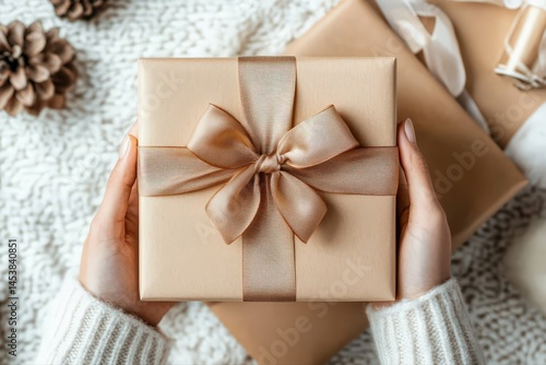 Christmas and new year background- gift box wrapped in fancy sheet and golden bow on abstract background. Beautiful simple AI generated image