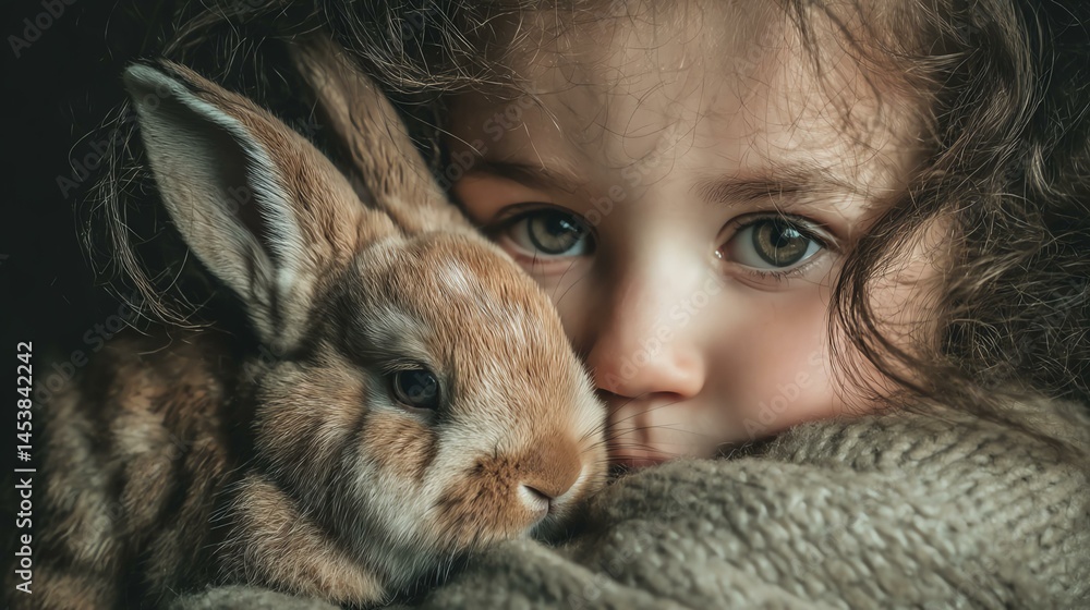 Child hugs rabbit with gentle expression.