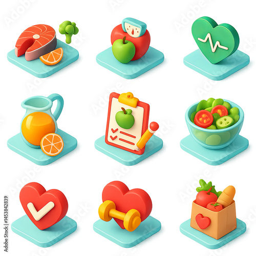 3d icons of healthy lifestyle: salmon, exercise, nutrition, heart wellness, fruits, vegetables