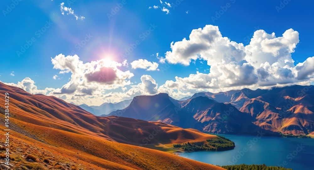 Fototapeta premium Explore scenic mountain range views with lake, blue sky and clouds wallpaper image
