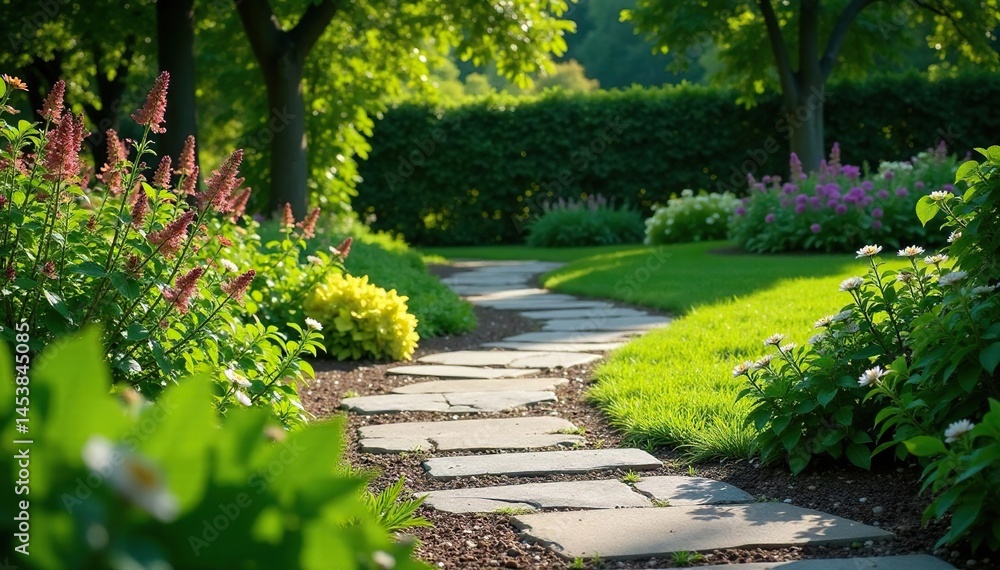Fototapeta premium Stone pathway winding through manicured garden , pathway, stone
