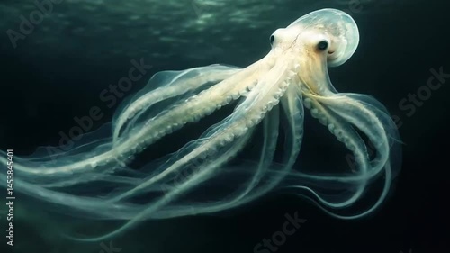 Pale, ethereal octopus, flowing tentacles, dark underwater scene