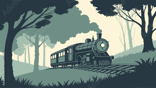 Vintage steam train travels through serene forest landscape, surrounded by trees and soft shadows, evoking nostalgia