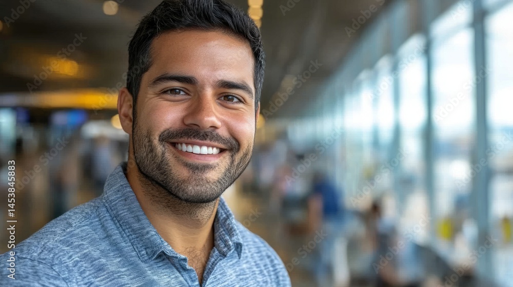Smiling man in airport, upper body shot, looking forward with a confident expression Smiling man in airport, upper body shot, looking forward with a confident expression
