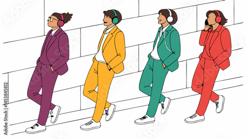 Colorful modeling with various suits with headphones, are walking, urban style, group of people, modern fashion