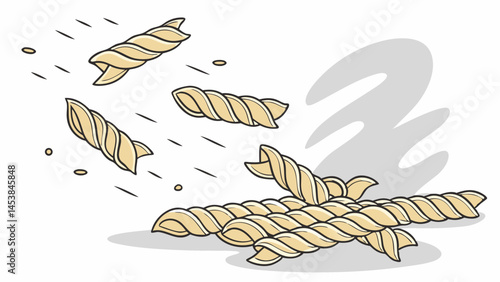Fusilli pasta flying in air, unique spiral shape and texture, creates dynamic and playful scene