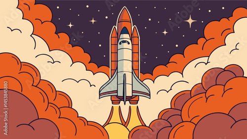 Colorful rocket launches into starry sky, surrounded orange smoke and clouds, evoking excitement and adventure