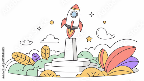 Rocket is launching from podium surrounded by vibrant plants and clouds, symbolizing innovation and creativity