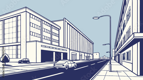 Empty street in industrial area featuring buildings, cars, and streetlights, evoking sense of calm