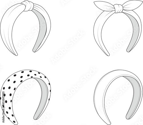 Editable technical sketches of four headband styles, including knotted, bow, padded, and printed designs. Vector format for fashion accessories, tech packs, and product development.
