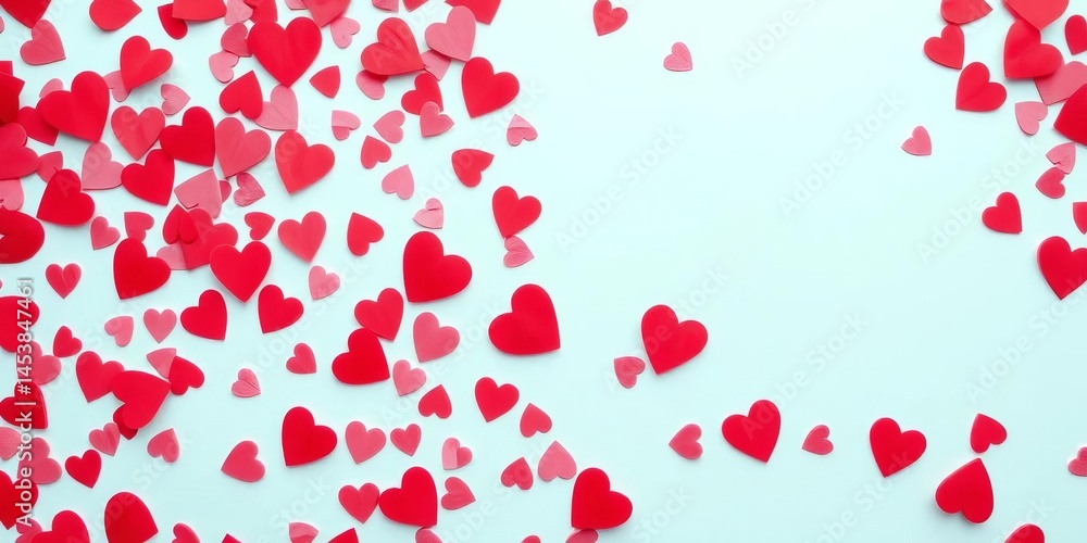 Scattered red, pink heart confetti frame on white, holiday, border Scattered red, pink heart confetti frame on white, holiday, border