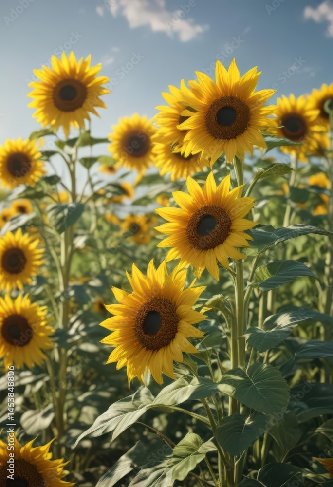 Obraz premium Vibrant yellow sunflowers in full bloom, sunny day , warm, stems, golden hour