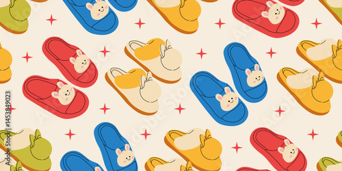 Seamless pattern with different summer house slippers. Endless texture with fashionable and stylish house shoes for printing. Colored flat vector illustration.