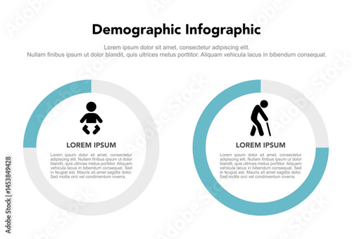 Demographic infographic template showing age distribution and population ratio, with icons babies and elderly people. Suitable for aging society and population data visualization.
