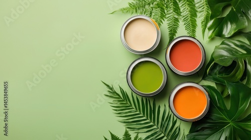 Fototapeta Naklejka Na Ścianę i Meble -  Modern gradient background featuring a clean layout of paint cans and lush green plants