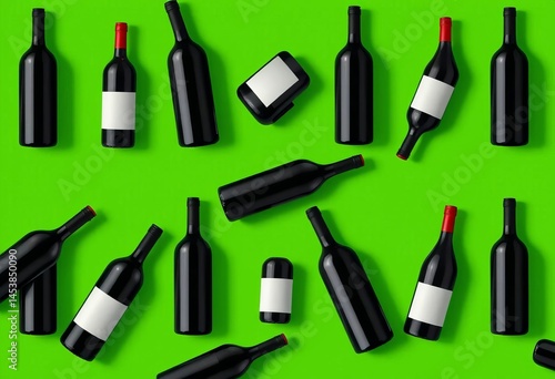 Seamless pattern of black wine bottles on green background, fabric,  bottle design