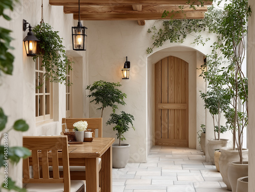 Country-style entrance and patio with canopy, table in light wood fixtures. Wrought iron lamps and sconces and many green plants.