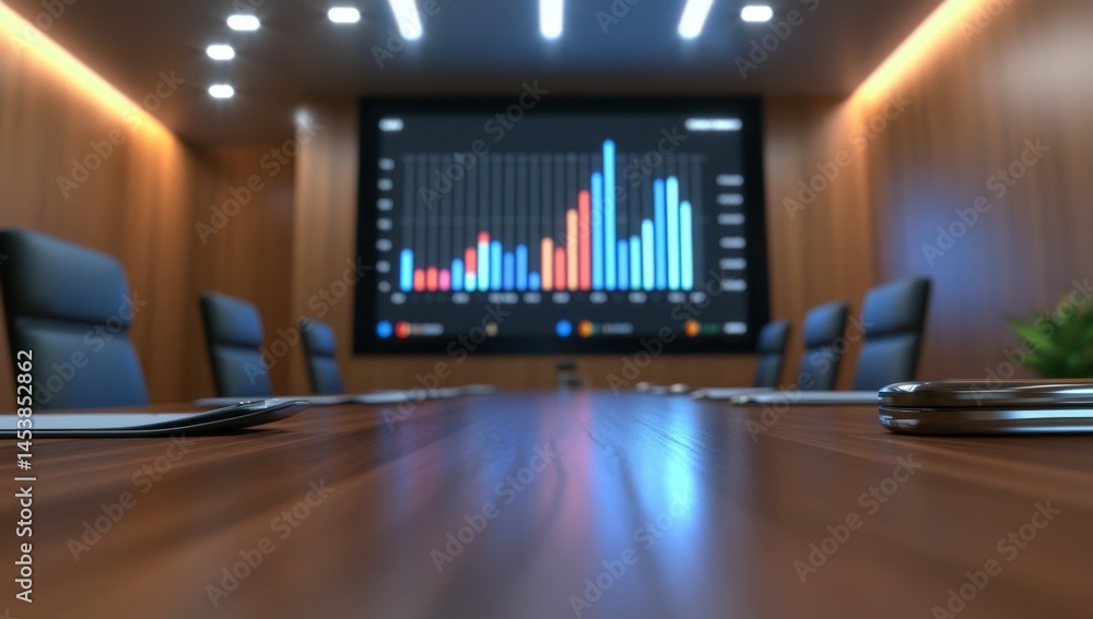 Close-up of office boardroom table with large digital screen displaying graphs and data, business analytics Close-up of office boardroom table with large digital screen displaying graphs and data, business analytics