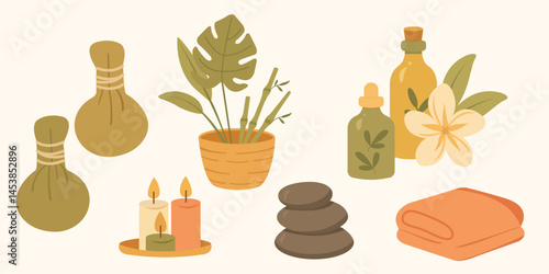 Flat style spa and wellness illustration with massage stones, oils, flowers, herbs, aroma candles and towel on light background