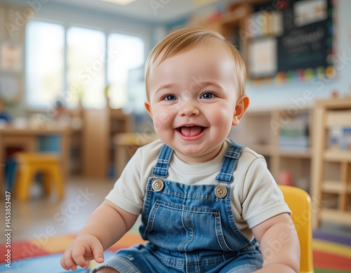 Smiling baby blue eyes blonde hair denim overall sitting classroom cheerful playful toddler learning environment natural light happiness childhood early education cute joyful innocence indoor