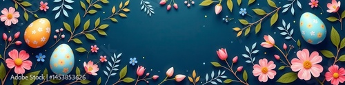 Intricate floral pattern, pastel Easter eggs on deep navy background, graphics, wallpaper
