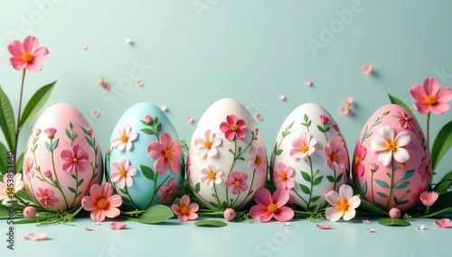 Intricate floral designs adorn pastel Easter eggs, vector style , colorful, floral pattern, happy