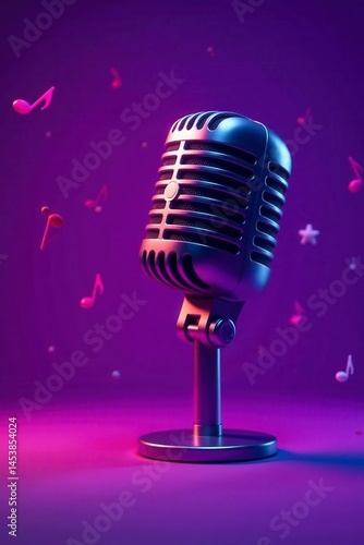 Purple square background, microphone, music notes , music day graphic, vibrant, purple design